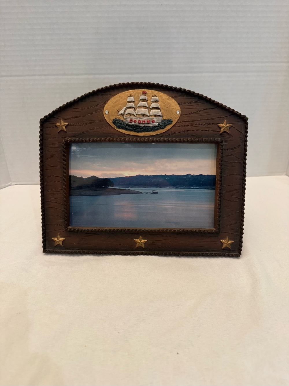 Vintage 3D Nautical Picture Frame • Hand Painted Clipper Ship & Gold Stars - 4x6